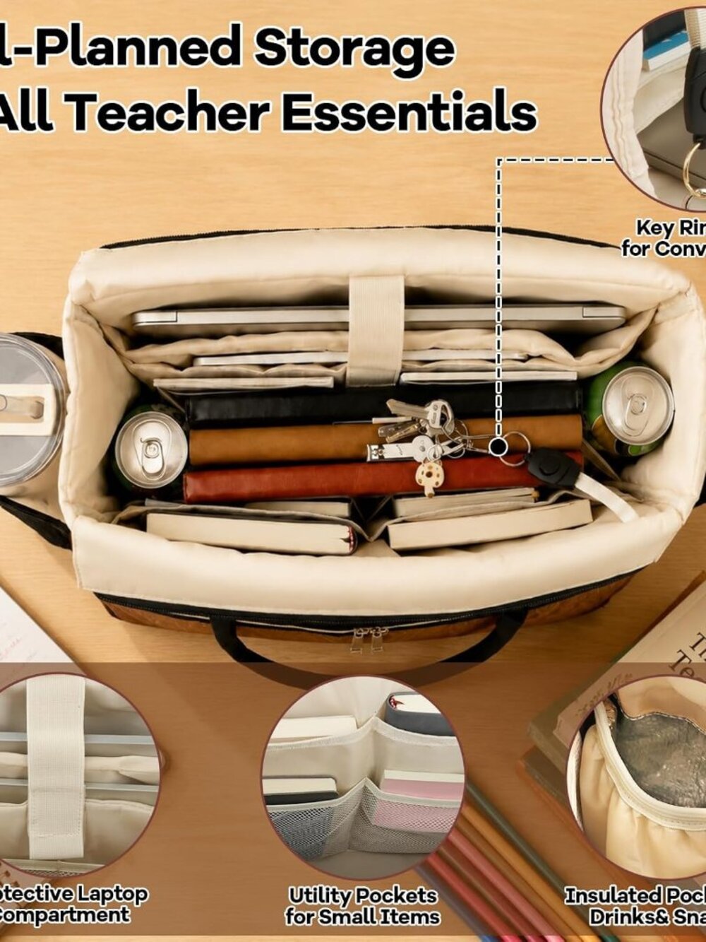 Teacher Tote Bag for Women with Large Cup Holder& 15.6 Inch Laptop Compartment, - Picture 3 of 8